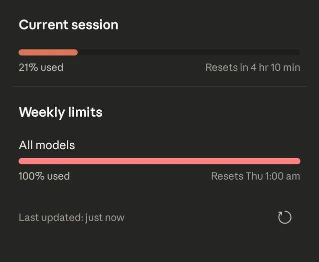 Weekly usage limit pinned at 100%
